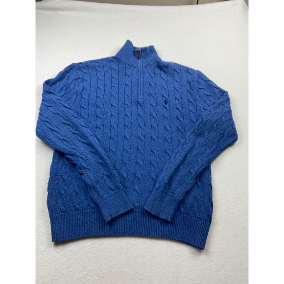 Polo Ralph Lauren Cable Knit Sweater Mens Medium Blue 1/4 Zip Pullover Pony Wool - Picture 1 of 5